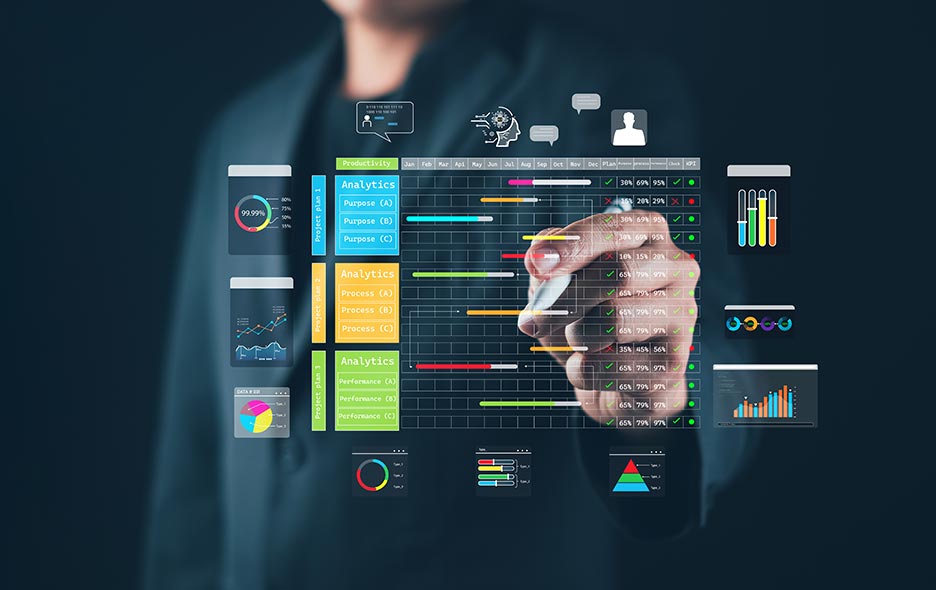 Business professional interacting with a digital agile project timeline, showcasing analytics, performance metrics, and process tracking.