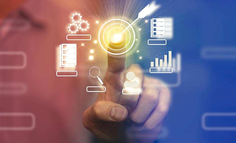 Abstract digital interface overlaying a business team, symbolizing precision execution in technical transformation.